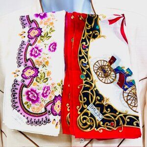 (2) Unused MiniScarfs19" : Celine Paris Red carriage horse +Blooming Floral (40)